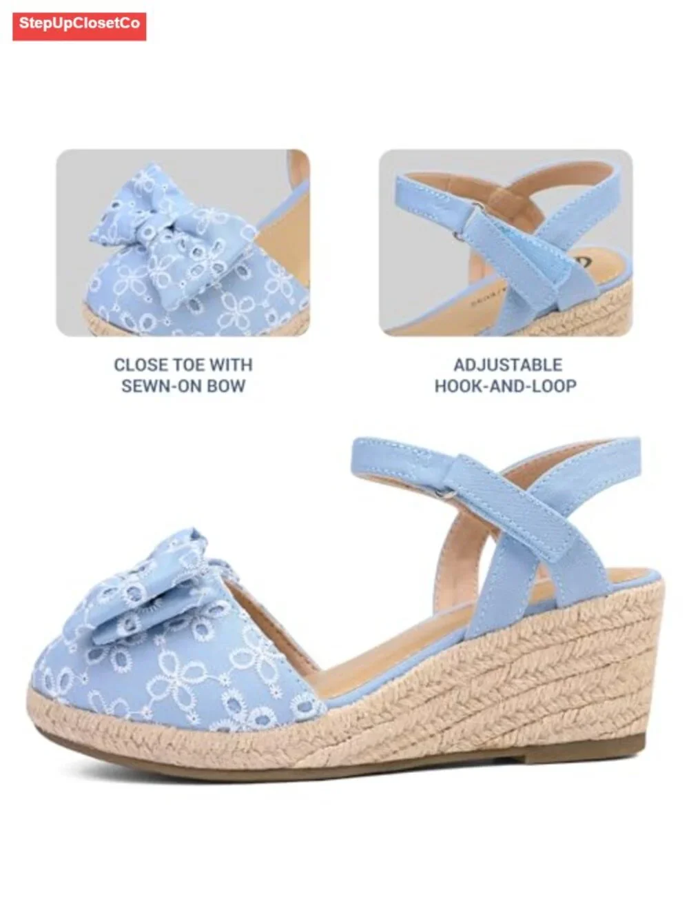 Girls Wedge Sandals with Bow Accent - Closed Toe Espadrille Dress Shoes